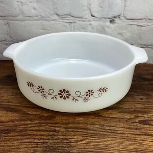 Vintage Pyrex Brown Floral Casserole Baking Dish White Milk Glass